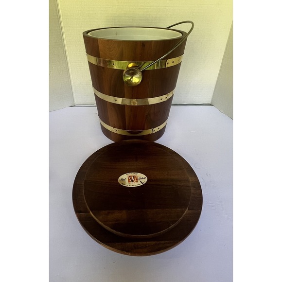 Ice Bucket Walnut Wood Vermillion Brass Vintage‎ liner bucket  MCM - Picture 7 of 12